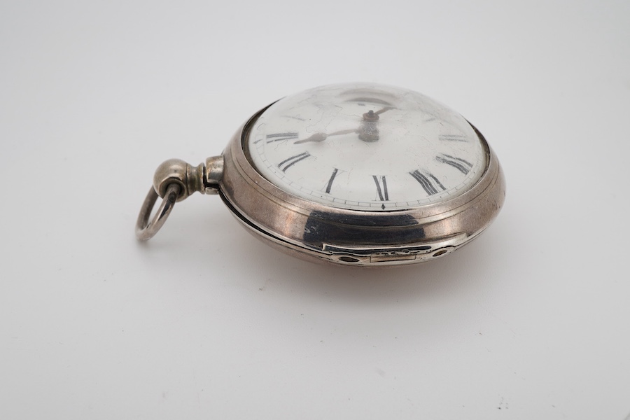 A George III silver pair cased verge pocket watch, by James Taylor of London, with Roman dial, the signed movement numbered 72607, case diameter 52mm.